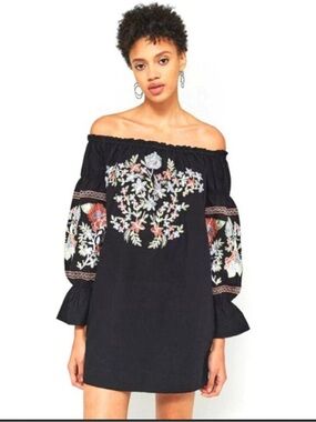 Free People Fleur Du Jour Black Off-Shoulder Embroidered Floral Boho Mini Dress